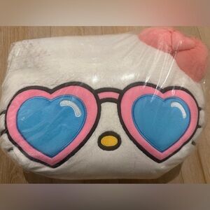 Hello Kitty White Plush Face Pillow W/Pink Bow and Blue Heart Sunglasses. NWT